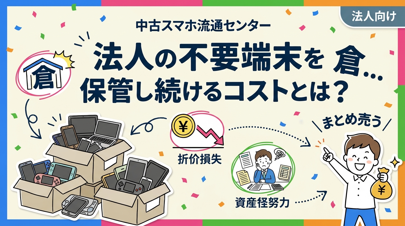 倉庫やバックヤードに滞留した法人の不要端末は、保管スペース・資産管理工数・値下がり損の3つでコストを生みます。滞留の原因、一括売却の流れ、データ消去証明書の扱いまで総務担当者向けに実務目線で解説します。