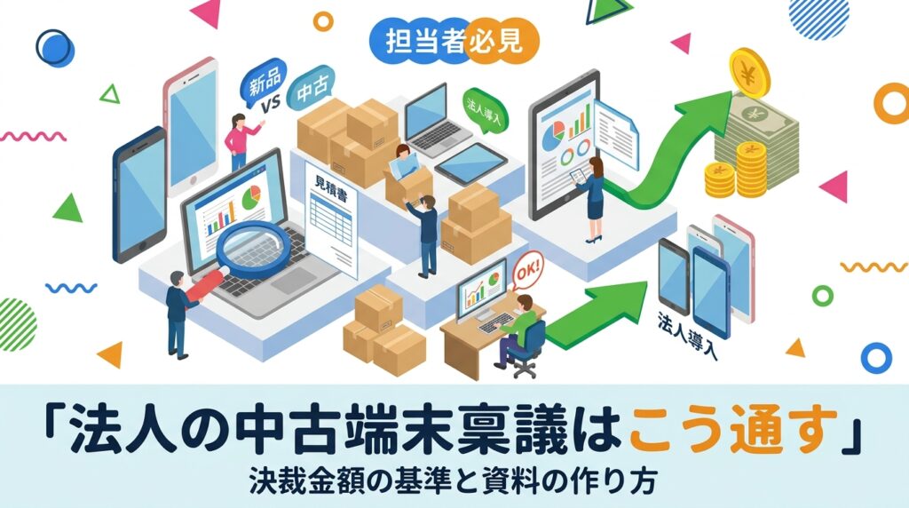 法人で中古スマホ・中古PCを導入する際の稟議・決裁を通すコツを解説。単価・総額・耐用年数・比較検討の4点整理、少額減価償却の考え方、新品との比較ポイント、見積書の活用法まで総務・経営企画向けにまとめました。