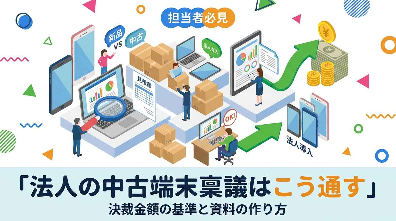 法人で中古スマホ・中古PCを導入する際の稟議・決裁を通すコツを解説。単価・総額・耐用年数・比較検討の4点整理、少額減価償却の考え方、新品との比較ポイント、見積書の活用法まで総務・経営企画向けにまとめました。