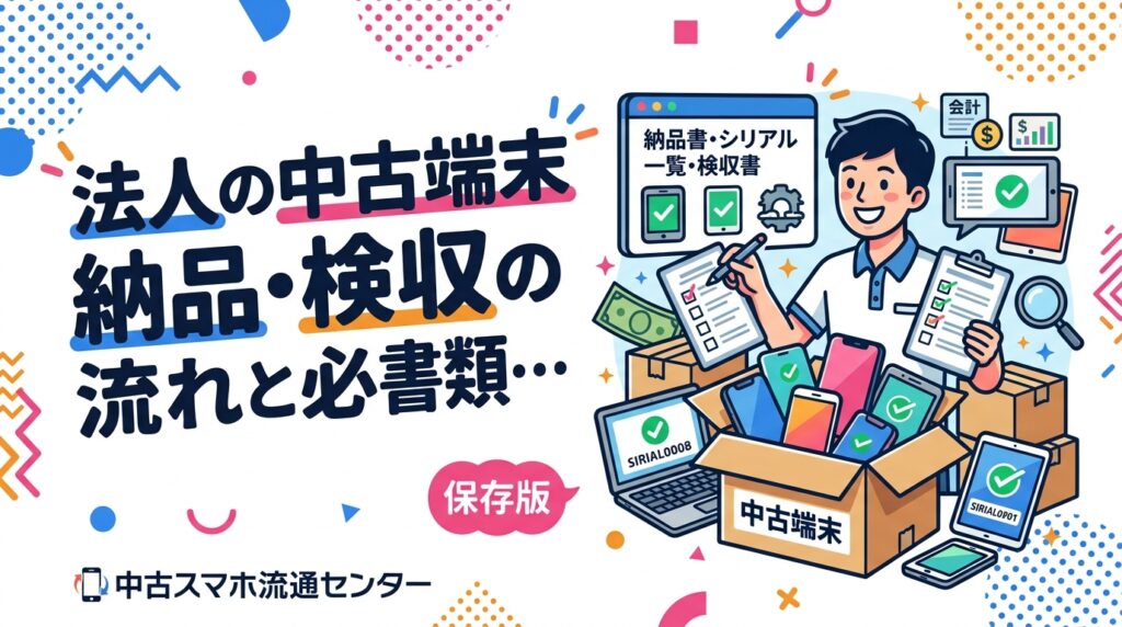 法人が中古端末を導入する際の納品〜検収の流れと必要書類を実務目線で解説。納品書・シリアル一覧・検収書の3点セット、検収チェック項目5つ、見積書・請求書払いの段取り、資産管理と経理連携のコツまで具体的にまとめました。