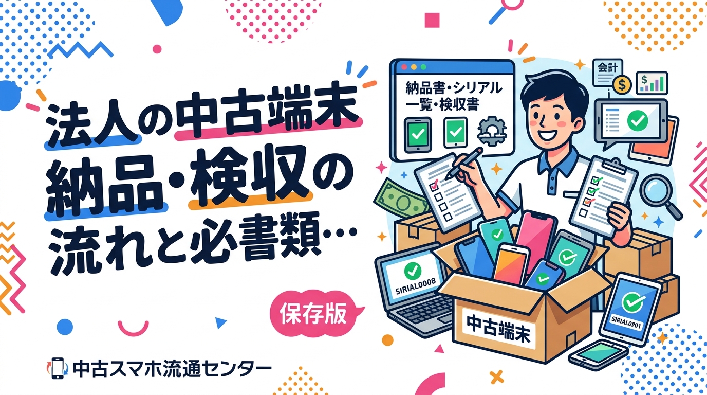 法人が中古端末を導入する際の納品〜検収の流れと必要書類を実務目線で解説。納品書・シリアル一覧・検収書の3点セット、検収チェック項目5つ、見積書・請求書払いの段取り、資産管理と経理連携のコツまで具体的にまとめました。