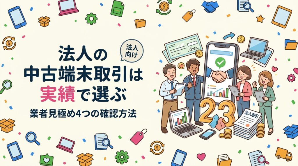 法人向け中古端末業者の見極め方を解説。古物商許可・法人取引実績・書類発行体制・見積の明瞭さの4点を確認すれば失敗を防げます。初めて業者を選ぶ総務・経営者向けに確認手順とチェックリストを具体的に紹介します。