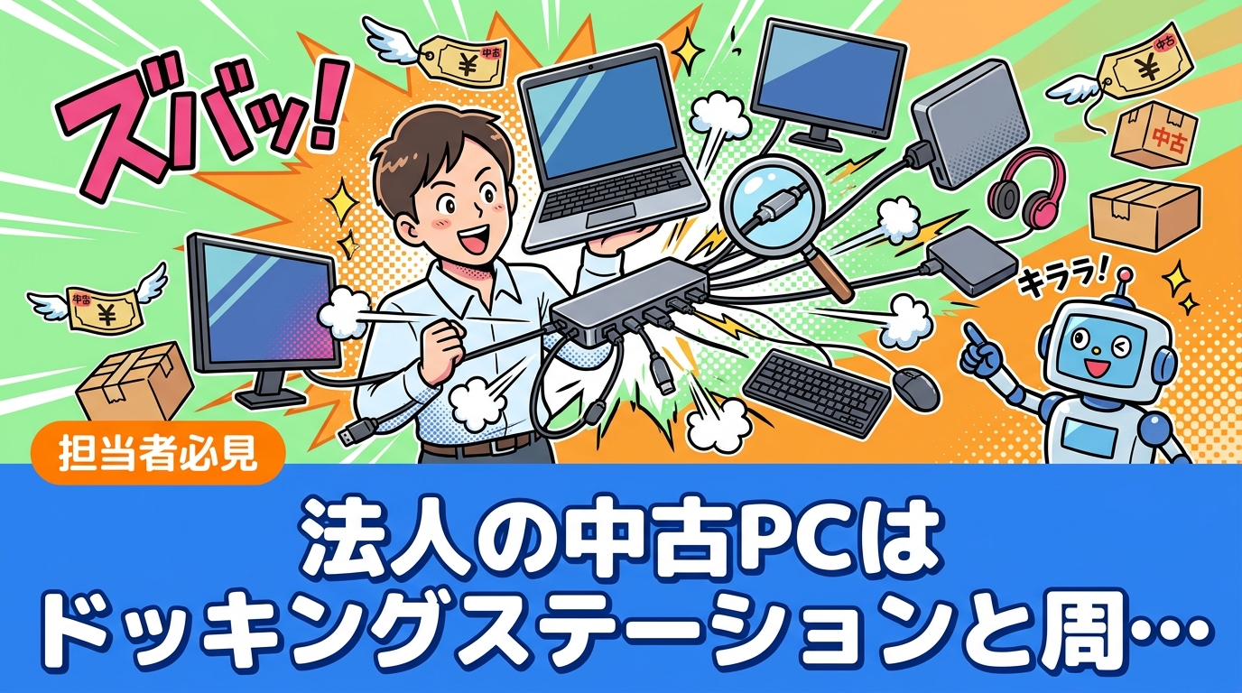フリーアドレスや在宅勤務の環境整備で中古PCを導入する法人向けに、ドッキングステーションの選び方、USB-C/Thunderbolt/専用ドックの違い、中古で揃える際の互換性確認ポイント、まとめ調達の実務手順を解説します。