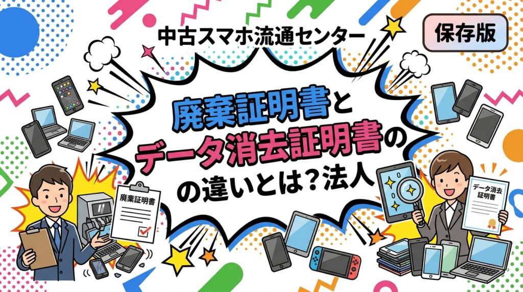 廃棄証明書は機器を廃棄処理した事実を証する書類、データ消去証明書は記録媒体のデータ消去作業を証する書類です。法人が中古端末を売却・廃棄する際にどちらが必要か、監査対応や社内規程の観点からケース別に整理して解説します。