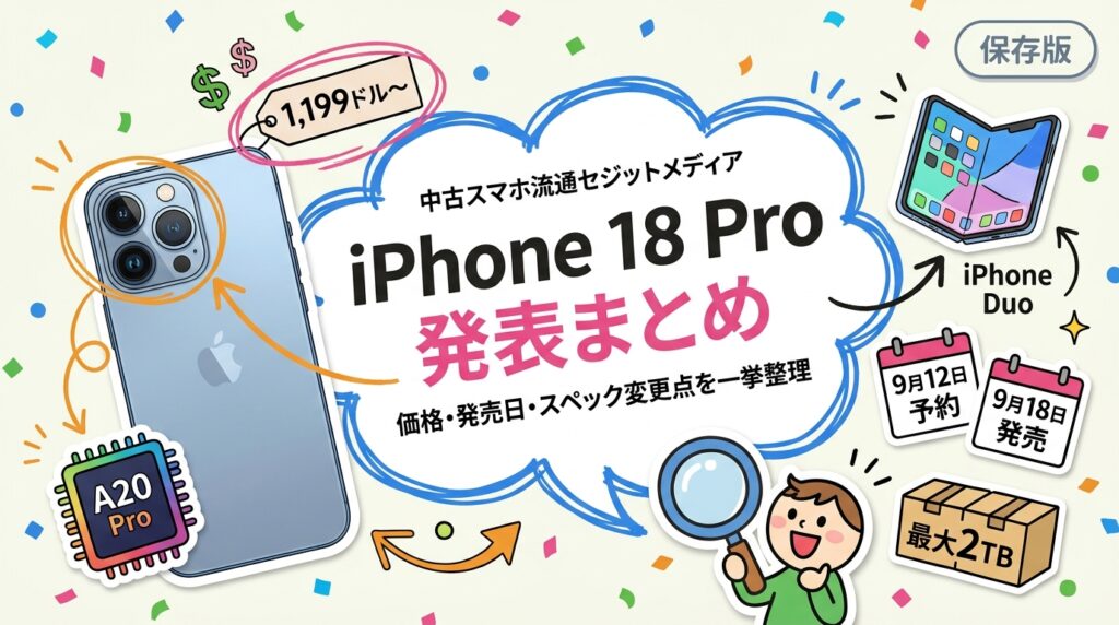 2026年9月9日発表のiPhone 18 Pro／18 Pro Maxを総まとめ。A20 Proチップ、可変絞り48MPカメラ、最大2TB、米国価格1,199ドル〜と値上げ幅、予約9月12日・発売9月18日の日程、折りたたみ「iPhone Duo」まで実務目線で解説します。