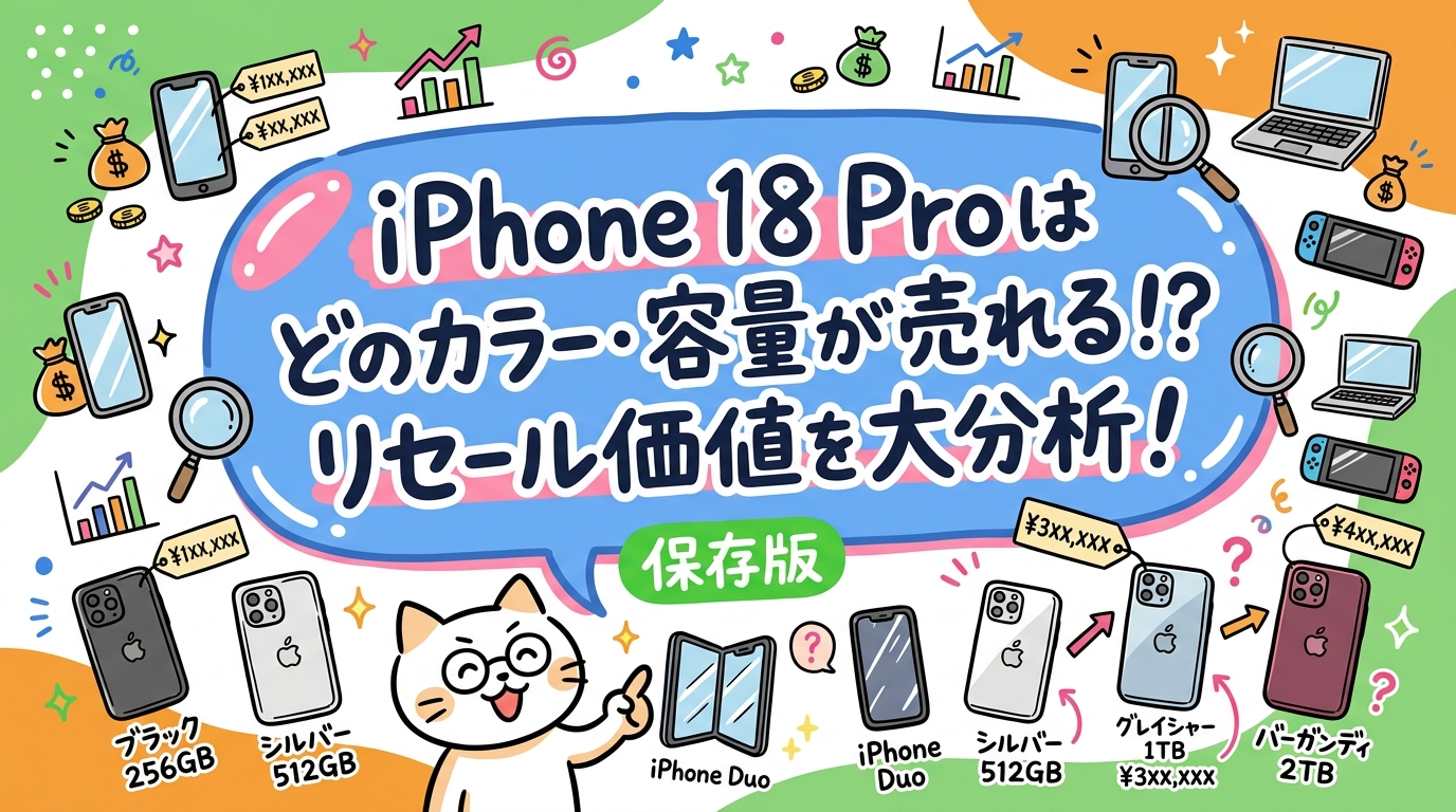 2026年9月発表のiPhone 18 Pro/Pro Max、初の折りたたみiPhone Duoを転売・仕入れ視点で分析。ブラック/シルバー/グレイシャー/バーガンディの4色と256GB〜2TBのうち、どれがリセールバリューを保ちやすいか過去世代の傾向から整理します。