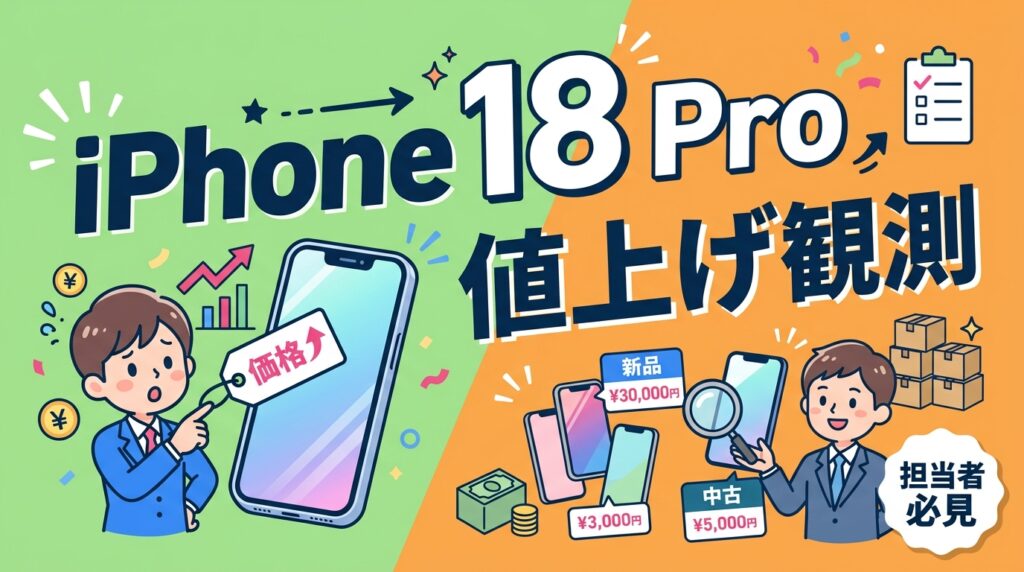 2026年9月発表見込みのiPhone 18 Proは値上げ観測が報じられています。法人の社用スマホ調達を「新型を新品」「17/16を中古」「一部新型＋大半中古」の3方式で台数×単価×運用年数のモデル計算により目安比較し、大量調達やデータ消去証明書の要件も解説します。