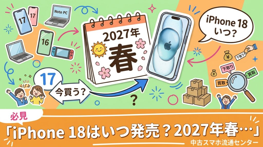 報道ベースでは無印iPhone 18は2027年春発売の見込みで、2026年9月はiPhone 18 Pro系と折りたたみが中心とされます。今iPhone 17や中古16を買うべきか待つべきかを使い方別に整理し、下取り・買取の目安と注意点もやさしく解説します。