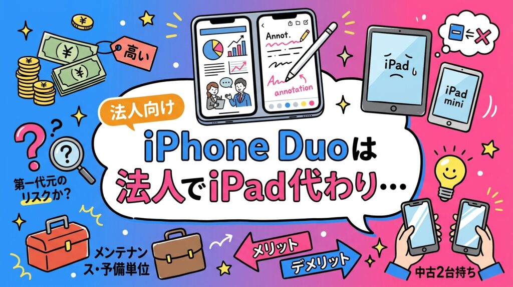 2026年9月発表のiPhone Duoは法人業務でiPadの代わりになるのか。2画面・Apple Pencil対応の活用シーン、iPad/iPad miniとの比較、試算35万円前後の導入コスト、初物リスクと予備機運用、中古2台持ちとの費用対効果を法人目線で整理します。