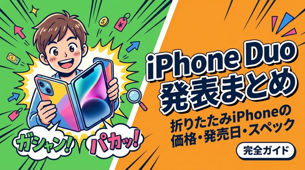 2026年9月9日のAppleイベントで発表された初の折りたたみiPhone「iPhone Duo」の確定情報を整理。2画面ブック型・A20 Pro・米国価格1,999ドル〜・10月以降出荷、iPhone 18 Proの価格や発売日、日本価格の考え方まで法人視点で解説します。