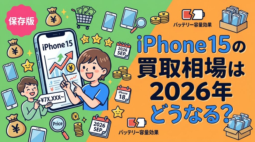 2026年9月のiPhone 18 Pro／iPhone Duo発表でiPhone 15は3世代前に。15/15 Plus/15 Pro/15 Pro Maxの買取相場の目安、値下がりカーブ、バッテリー最大容量の影響、法人がまとめて売る際の注意点を実務目線で整理します。