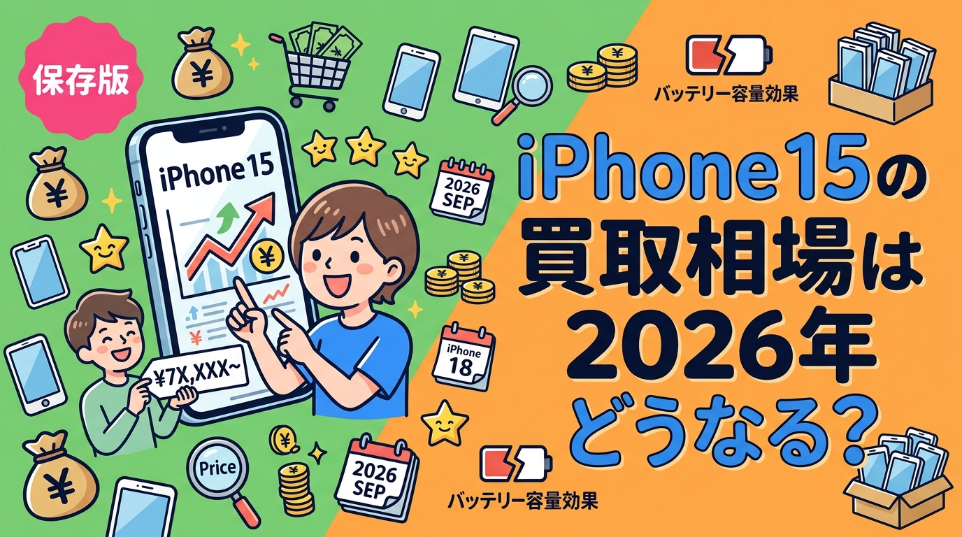 2026年9月のiPhone 18 Pro/iPhone Duo発表でiPhone 15は3世代前に。15/15 Plus/15 Pro/15 Pro Maxの買取相場の目安、値下がりカーブ、バッテリー最大容量の影響、法人がまとめて売る際の注意点を実務目線で整理します。