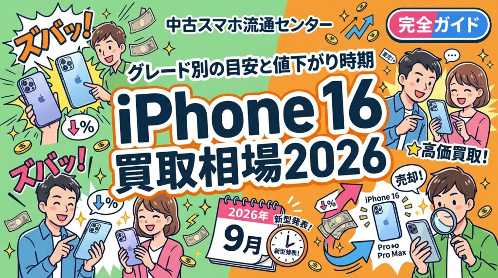 iPhone 16シリーズの2026年買取相場をグレード別に目安として整理。9月のApple新型発表(報道ベース)で2世代前になる前に売る判断材料、値下がりカーブやバッテリー最大容量の影響、法人の大量売却の進め方まで解説します。