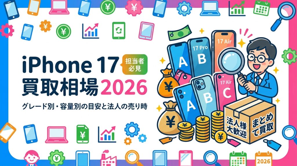 iPhone 17/17 Pro/17 Pro Max/Airの中古買取相場をグレードA/B/C・容量別に目安で整理。2026年9月の新型iPhone発表(報道ベース)で相場が動く前提の売り時、査定を下げない初期化やデータ消去証明書まで法人担当者向けに解説します。