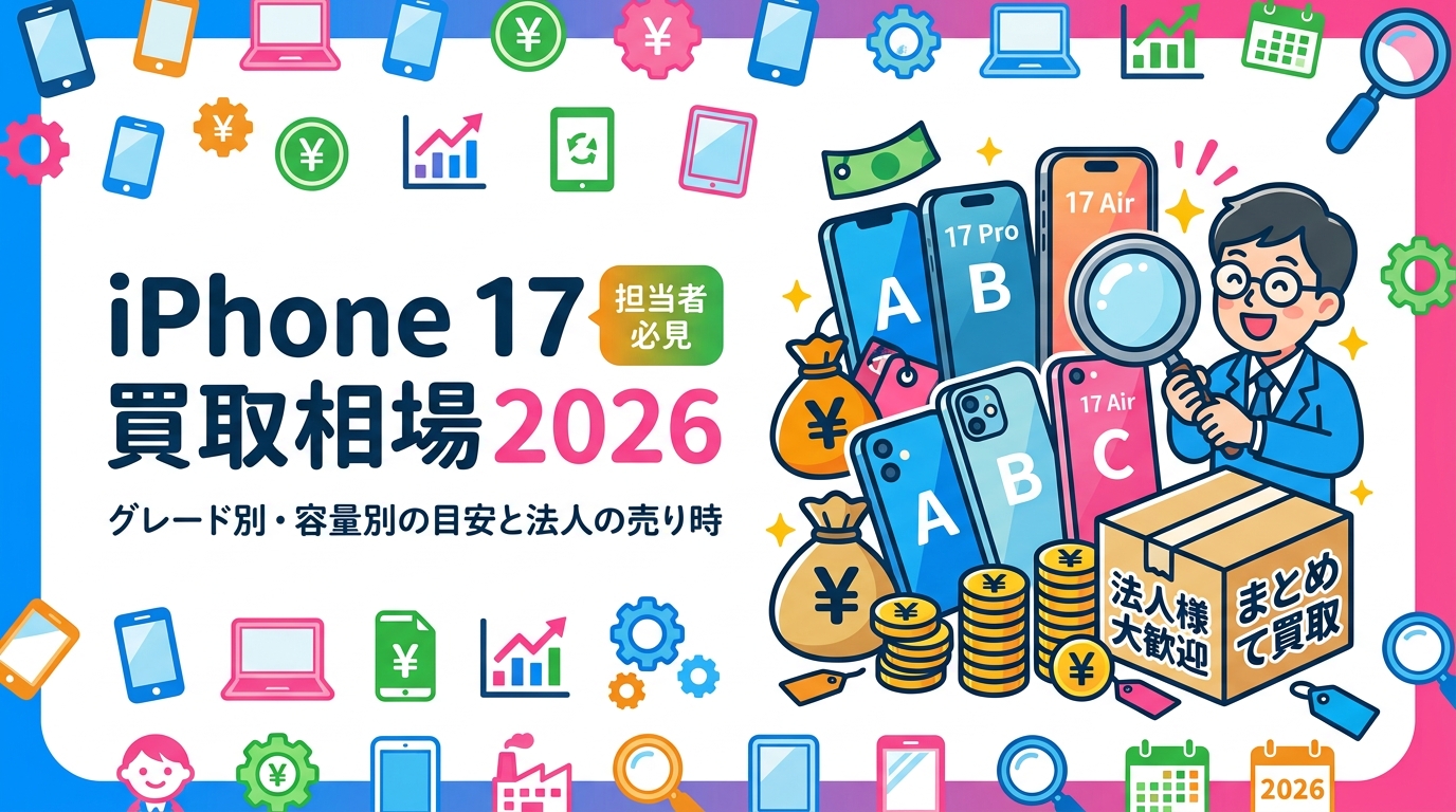 iPhone 17/17 Pro/17 Pro Max/Airの中古買取相場をグレードA/B/C・容量別に目安で整理。2026年9月の新型iPhone発表(報道ベース)で相場が動く前提の売り時、査定を下げない初期化やデータ消去証明書まで法人担当者向けに解説します。