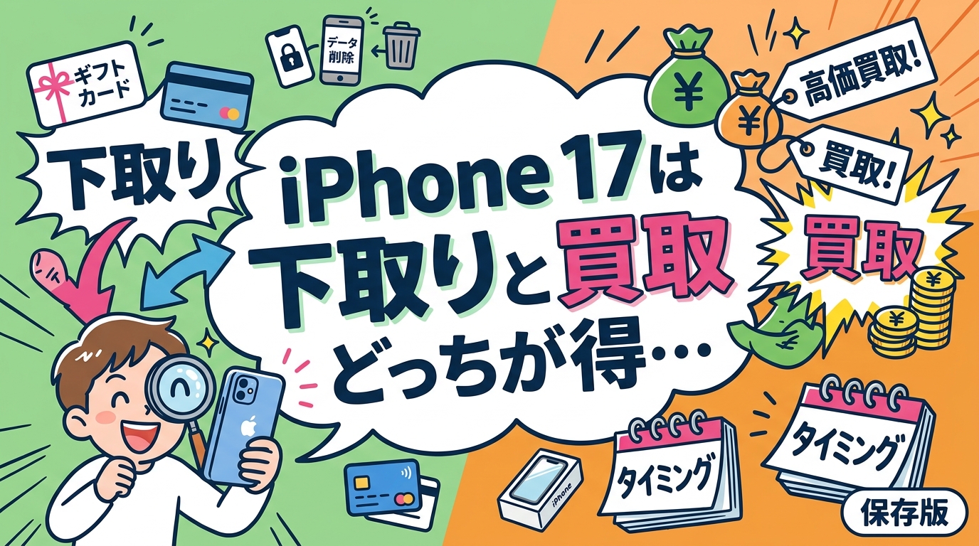 2026年9月発表と報じられる新型iPhone（iPhone 18 Pro / 折りたたみ）への乗り換え前に、手持ちのiPhone 17・16は下取りか買取業者かどちらが得か。金額の決まり方・支払い方法・データ消去・タイミングを状況別にやさしく整理します。