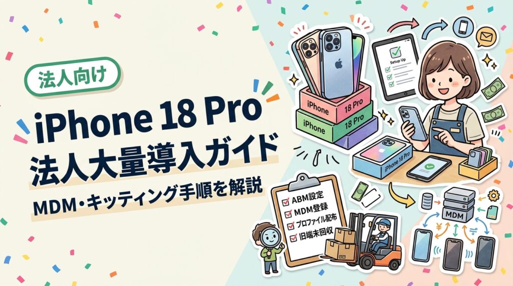 2026年9月発表のiPhone 18 Pro/18 Pro Maxを法人で数十〜数百台導入する際の手順を解説。Apple Business ManagerとMDMによる自動登録、iOS 27でのプロファイル配布、旧端末の回収とデータ消去証明書までチェックリスト形式でまとめました。