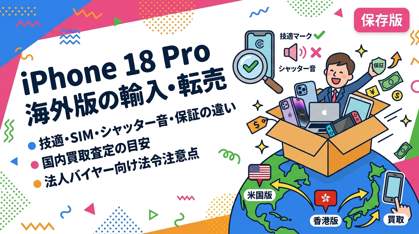 2026年9月発表のiPhone 18 Pro/18 Pro Maxと折りたたみのiPhone Duoを踏まえ、海外版(米国版・香港版)輸入の技適・SIM・シャッター音・保証差、国内買取査定の目安、仕入れ時の法令注意点を法人バイヤー向けに解説します。