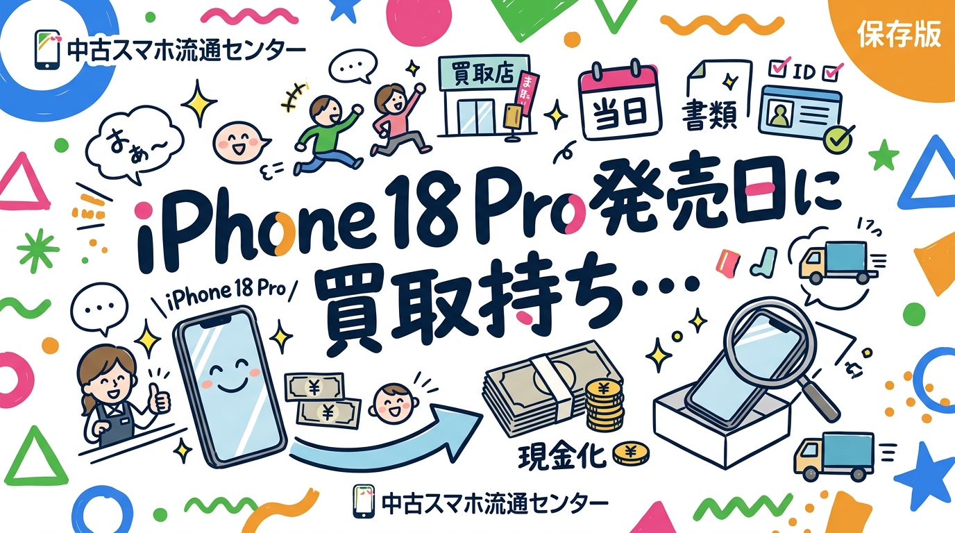 2026年9月18日発売のiPhone 18 Proを発売日当日に買取へ持ち込み、現金化するまでの実務フローを解説。店頭・宅配・出張の違い、本人確認書類、未開封/開封済みの扱い、複数台持ち込み時の注意点まで法人・買取実践者向けにまとめました。