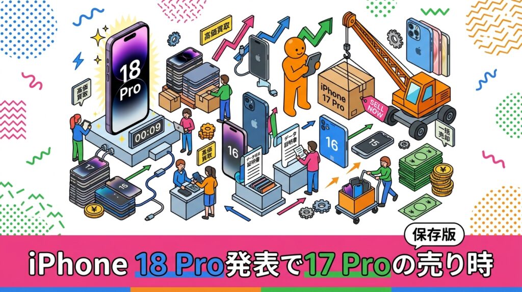 2026年9月のiPhone 18 Pro発表を前に、法人が抱えるiPhone 17/16/15をいつ売るべきかを解説。発表前・発売直後・年末の相場傾向を目安として整理し、データ消去証明書付きの一括売却手順まで情シス・総務向けにまとめました。