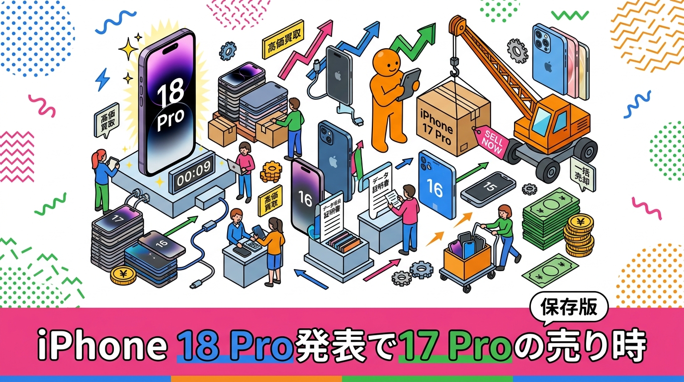 2026年9月のiPhone 18 Pro発表を前に、法人が抱えるiPhone 17/16/15をいつ売るべきかを解説。発表前・発売直後・年末の相場傾向を目安として整理し、データ消去証明書付きの一括売却手順まで情シス・総務向けにまとめました。