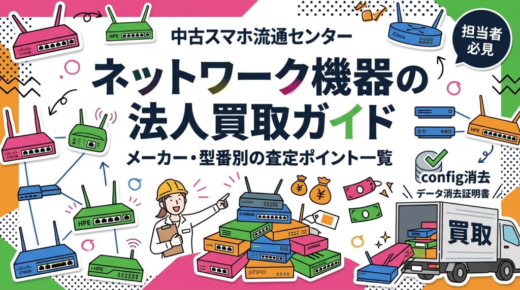 スイッチ・ルーター・ファイアウォールなど法人のネットワーク機器買取を解説。Cisco・HPE・Yamaha・Juniper・FortiGateのメーカー別査定ポイント、型番の調べ方、config消去とデータ消去証明書の実務手順、撤去日程に合わせた即日査定まで網羅します。