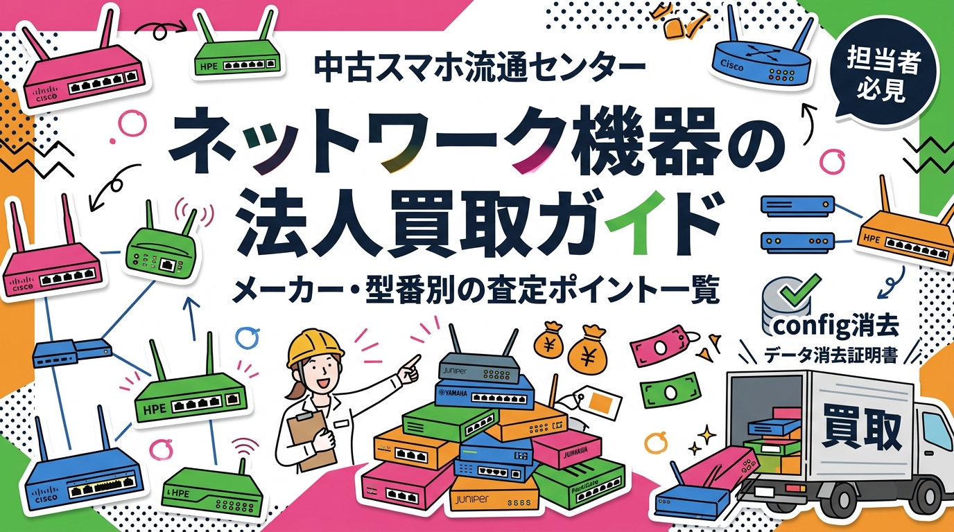 スイッチ・ルーター・ファイアウォールなど法人のネットワーク機器買取を解説。Cisco・HPE・Yamaha・Juniper・FortiGateのメーカー別査定ポイント、型番の調べ方、config消去とデータ消去証明書の実務手順、撤去日程に合わせた即日査定まで網羅します。