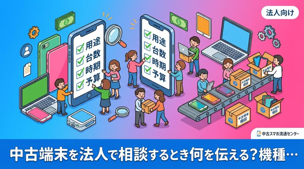 法人が中古スマホ・PC・iPadを相談する際に伝えるべきは「用途・台数・希望時期・予算感」の4点。機種名が決まっていなくても見積りは可能です。用途別の機種対応表、伝え漏れチェックリスト、納品までの流れ、そのまま使える問い合わせ文例まで実務目線で解説します。
