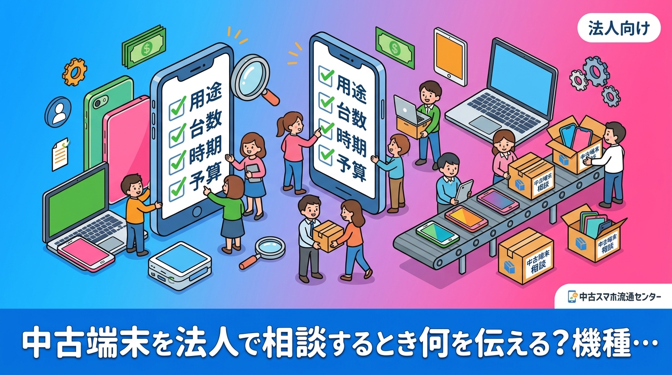 法人が中古スマホ・PC・iPadを相談する際に伝えるべきは「用途・台数・希望時期・予算感」の4点。機種名が決まっていなくても見積りは可能です。用途別の機種対応表、伝え漏れチェックリスト、納品までの流れ、そのまま使える問い合わせ文例まで実務目線で解説します。