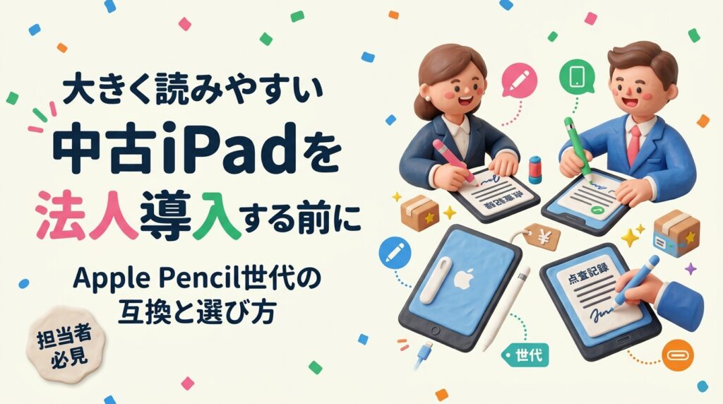 中古iPadを法人で導入する際、Apple Pencilは第1世代・第2世代・USB-C版で対応機種が異なります。世代別の互換整理、点検記録や申込書サインなど業務ユース別の選び方、本体と周辺機器をまとめて調達する在庫確認の進め方を実務目線で解説します。