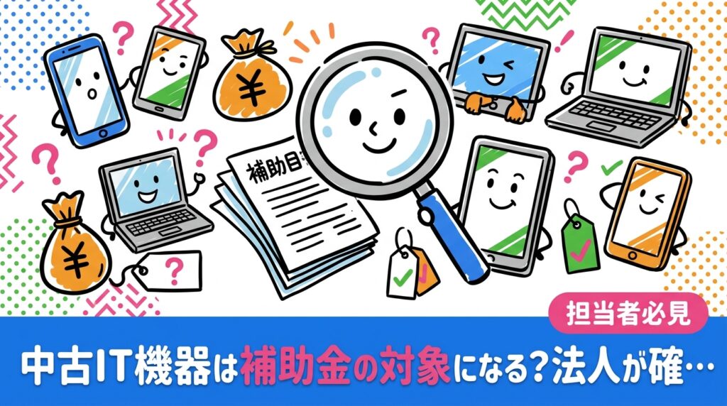 中古IT機器は補助金の対象外とされる場合が多く、対象可否は各補助金の公募要領で確認が必須です。IT導入補助金や省力化投資補助金など制度ごとの扱いの違い、法人担当者が踏むべき確認手順、対象外だった場合の中古活用によるコスト削減策を解説します。