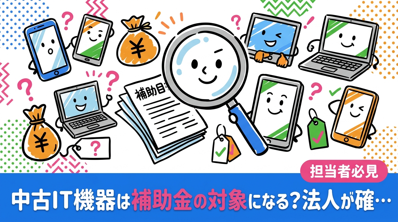 中古IT機器は補助金の対象外とされる場合が多く、対象可否は各補助金の公募要領で確認が必須です。IT導入補助金や省力化投資補助金など制度ごとの扱いの違い、法人担当者が踏むべき確認手順、対象外だった場合の中古活用によるコスト削減策を解説します。