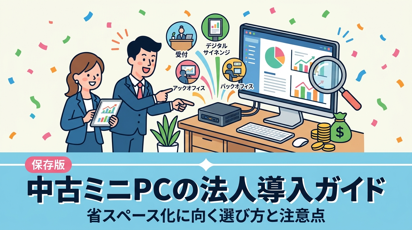 中古ミニPCは容積1〜2リットル程度の小型デスクトップで、受付・サイネージ・店舗バックヤード・事務作業に適します。法人導入時の選び方、拡張性・冷却・端子の確認手順、まとめ調達と設定済み納品のポイントを解説します。