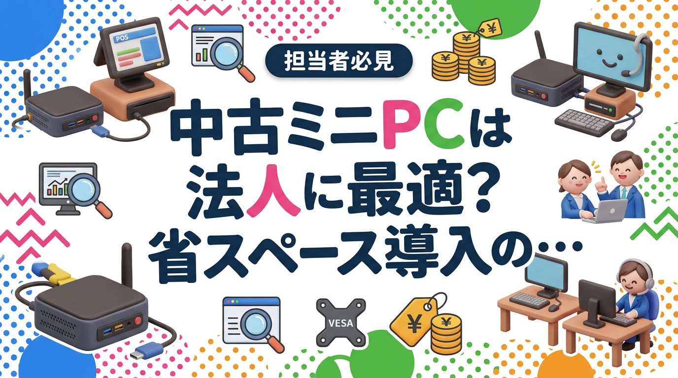 店舗レジ裏やコールセンターなど設置場所が限られる法人向けに、中古ミニPCの選び方を解説。CPU世代・メモリ・映像出力・VESA対応などの選定基準、用途別スペック目安、Windows 11要件や付属品確認の注意点まで実務目線でまとめました。