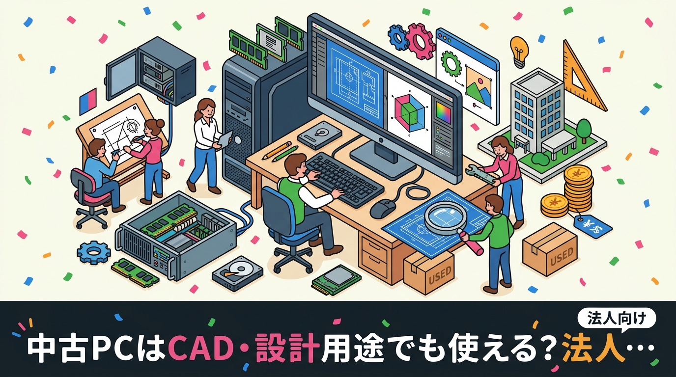 CAD・設計・グラフィック用途の業務PCを中古で調達できるか、法人担当者向けに解説。GPU・メモリ・ディスプレイの優先順位、用途別スペック目安、同一構成の複数台調達やソフト推奨環境の確認手順までまとめました。