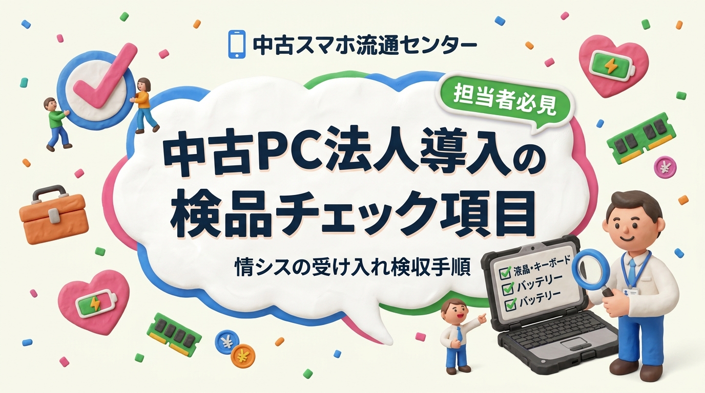 法人向け中古PCの検品チェック項目を情シス目線で整理。液晶・キーボード・バッテリー最大容量・ポート・ストレージ健康度の確認手順、初期不良の連絡期限や交換対応の確認点、事前検品体制がある販売元の選び方まで解説します。