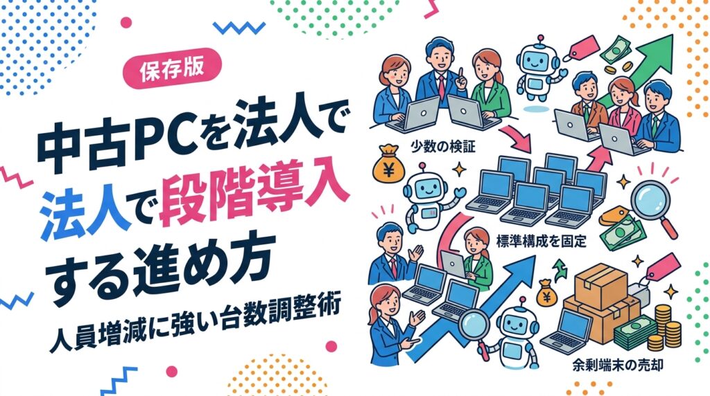 人員の増減が読めない成長企業向けに、中古PCを法人で段階導入する進め方を解説。まず少数で検証し標準構成を固定してから追加調達する手順、同一機種の在庫確保の注意点、余剰端末の売却と買取・販売の窓口統一によるメリットまで実務目線でまとめました。