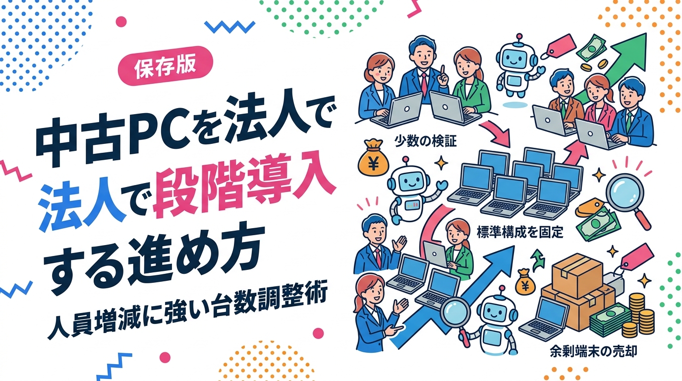 人員の増減が読めない成長企業向けに、中古PCを法人で段階導入する進め方を解説。まず少数で検証し標準構成を固定してから追加調達する手順、同一機種の在庫確保の注意点、余剰端末の売却と買取・販売の窓口統一によるメリットまで実務目線でまとめました。