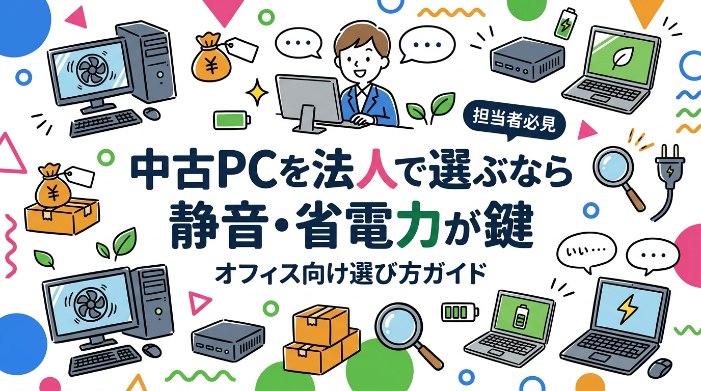 オフィス用途の中古PCは、TDPの低いCPUと筐体サイズで静音性と消費電力がほぼ決まります。法人総務向けに用途別の推奨構成、電気代の目安、ミニPC・省電力ノートのまとめ調達と同一機種で揃える管理メリットまで実務目線で解説します。