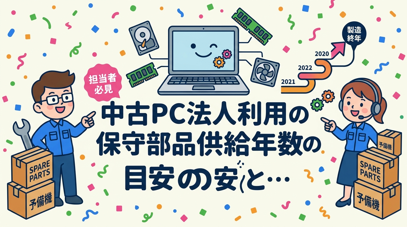 中古PCを法人で長く使う際に気になる保守部品の供給年数。メーカーの補修用性能部品の保有期間は製造終了後おおむね数年が目安です。同一機種の予備機確保や故障時の置き換え手順を情シス目線で解説します。