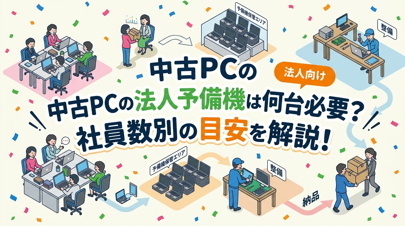 端末故障で業務が止まらないように、法人が用意すべき予備機の台数目安を解説。稼働台数・故障頻度・調達リードタイムから算定する考え方や、予備機を中古PCで揃える合理性、同一機種を追加調達しやすい理由まで情シス目線でまとめました。