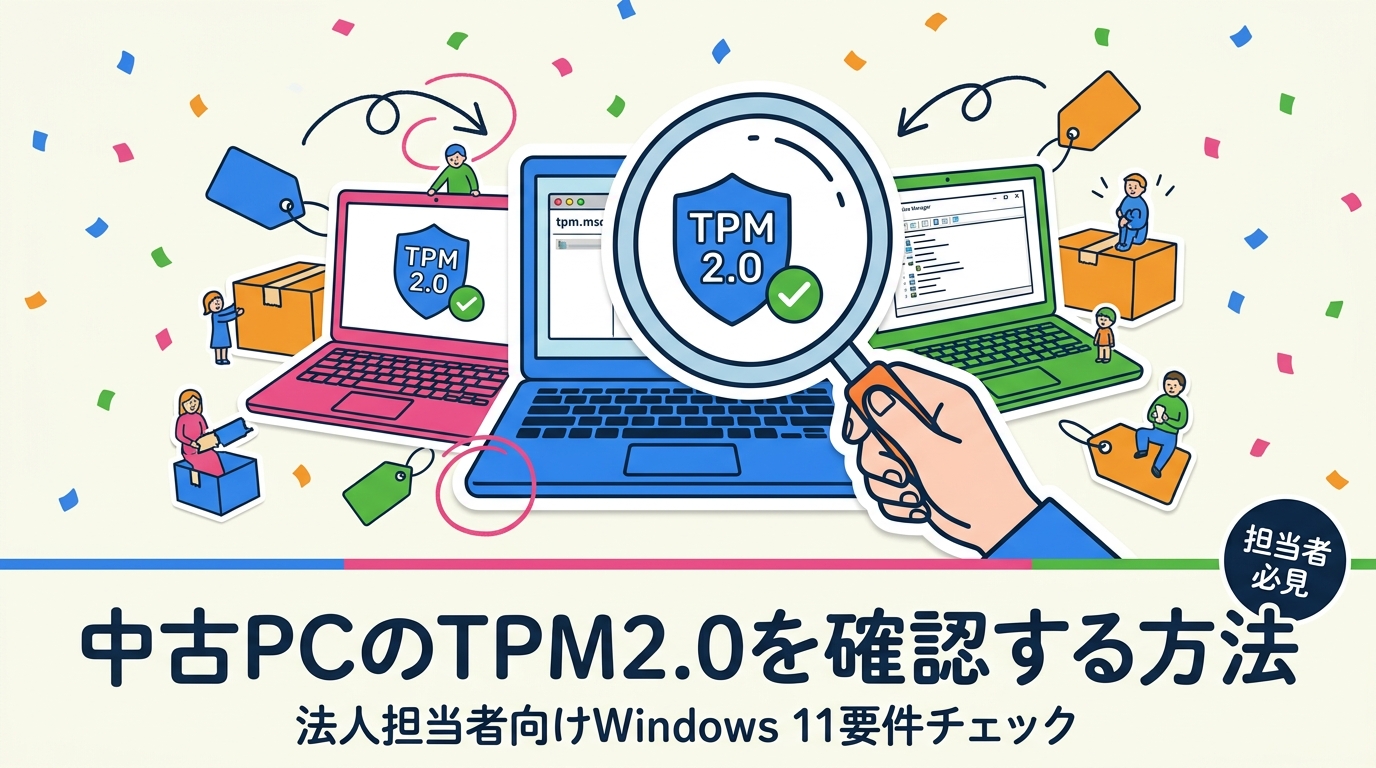 TPM2.0とはPCのセキュリティチップで、Windows 11の必須要件です。法人が中古PCを選定する際のtpm.mscやデバイスマネージャーでの確認手順、第8世代Core以降という目安世代、BIOS設定や大量調達時の注意点を情シス向けに解説します。