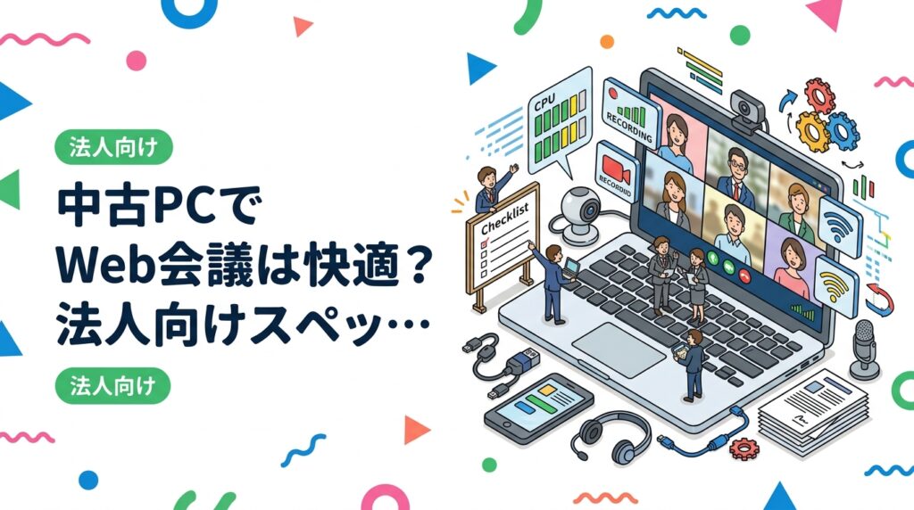 オンライン商談や社内会議用に中古PCを選ぶ法人担当者向けに、Web会議で実用的なスペックの目安、背景ぼかしや録画時のCPU負荷、Wi-Fi規格、外付けカメラ・マイクの活用、購入前チェックリストまで実務目線で解説します。