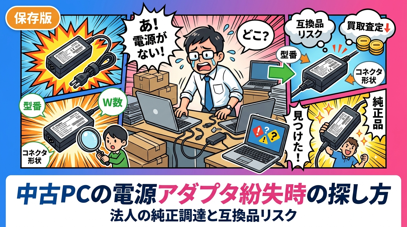 社内の余剰中古PCでACアダプタが紛失している場合の対処法を解説。型番からの純正品の探し方、W数・電圧・コネクタ形状の確認手順、非純正品のリスク、付属品欠品が買取査定に与える影響まで法人情シス向けに整理します。