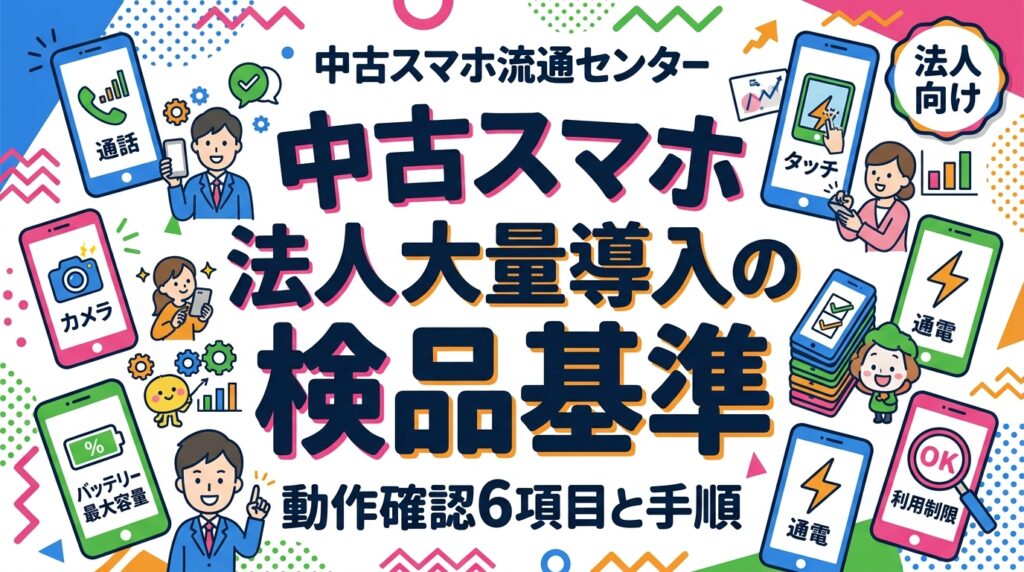 法人で中古スマホを大量導入する際の検品基準を解説。通電・通話・カメラ・タッチ・バッテリー最大容量・利用制限の6項目と検品手順、初期不良時の対応窓口の決め方まで、情シスがそのまま使える実務ルールを紹介します。
