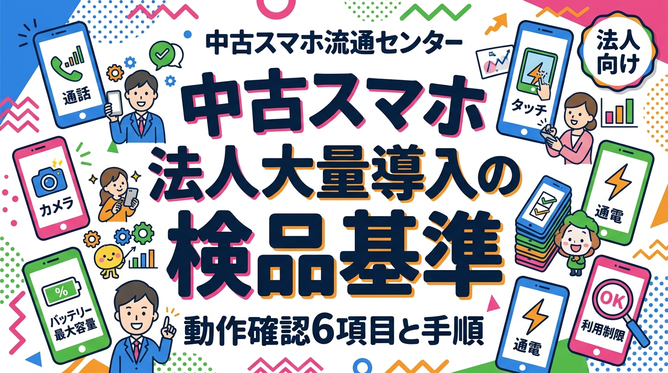 法人で中古スマホを大量導入する際の検品基準を解説。通電・通話・カメラ・タッチ・バッテリー最大容量・利用制限の6項目と検品手順、初期不良時の対応窓口の決め方まで、情シスがそのまま使える実務ルールを紹介します。