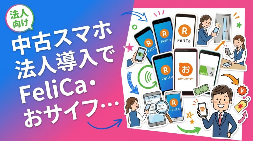 法人で中古スマホを導入する際のFeliCa・おサイフケータイ対応の見分け方を解説。海外版iPhone/Androidの対応差、型番での確認手順、交通費精算・社員証・店舗決済など用途別の推奨端末選びを実務目線でまとめました。
