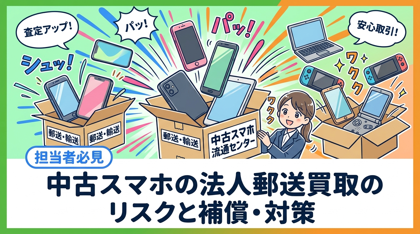 法人の中古スマホ郵送買取は、輸送事故と査定認識のズレが主なリスクです。運送補償の上限、追跡記録、発送前の写真記録、事前見積と確定額の関係、データ消去証明書の郵送対応まで、遠方企業の担当者が押さえるべき実務対策を解説します。
