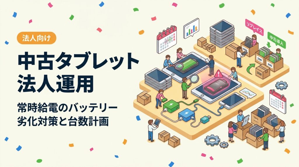 受付・サイネージ・POSでタブレットを常時給電운用すると、膨張などバッテリー劣化が早まる要因になり得ます。充電制御アクセサリや定期点検、交換前提の台数計画、中古導入とリプレイスサイクルの考え方を法人担当者向けに解説します。