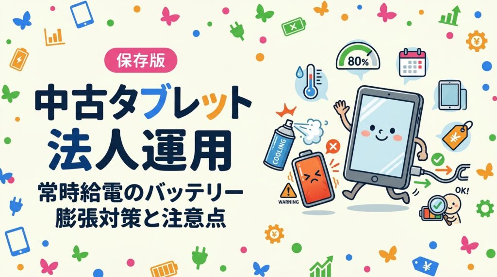 受付・サイネージ・POSで中古タブレットを常時給電運用する法人向けに、バッテリー膨張リスクと放熱・80%充電・定期交換・予備機確保の対策、中古導入時のバッテリー状態確認基準を実務目線で解説します。